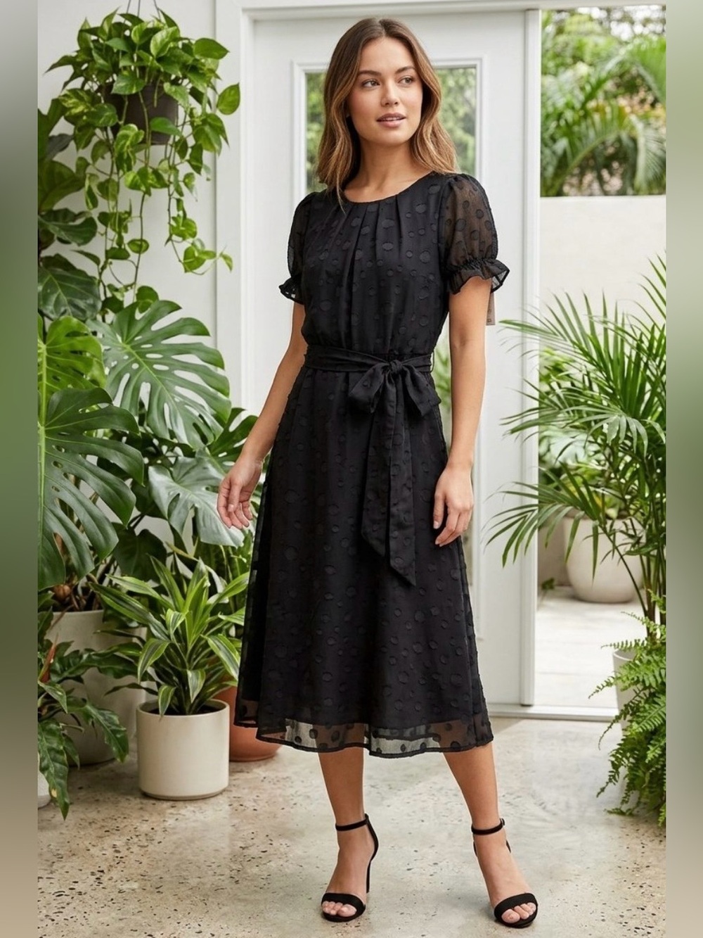 NY Collection NWT Black
Swiss Dot Belted Midi Dress
Petite Medium PM